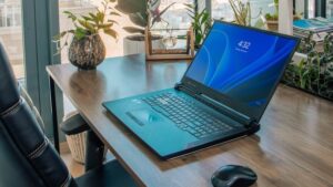 a laptop and houseplants on a desk in an apartment